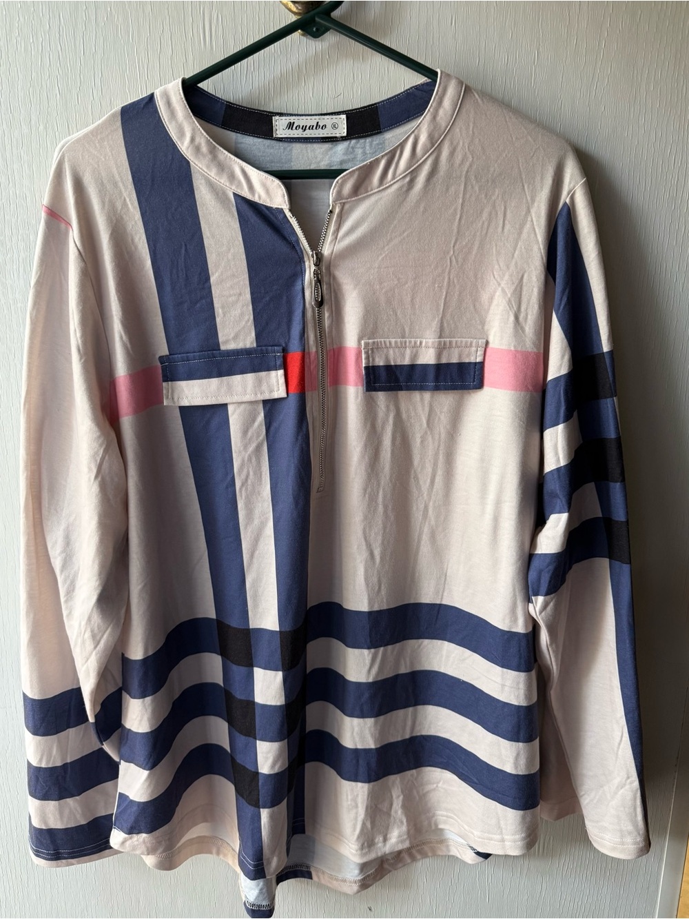Moyabo Striped Zip-Front Long Sleeve Blouse - Cream/Navy with Pink Accent